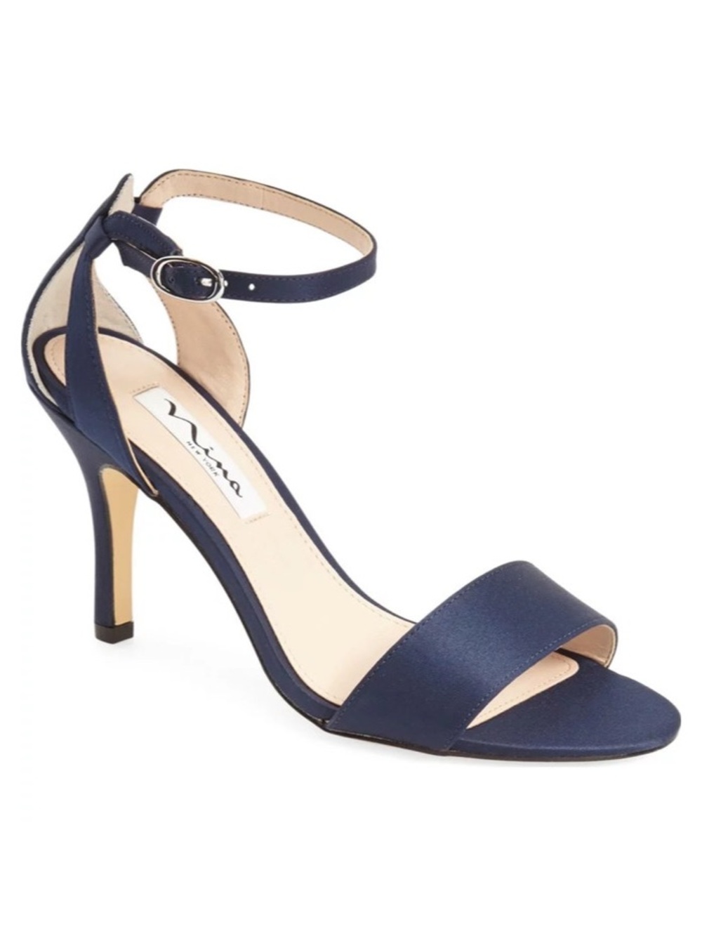 Nina Venetia Satin Navy Blue Ankle Strap Sandal Stiletto Heels Wedding Formal